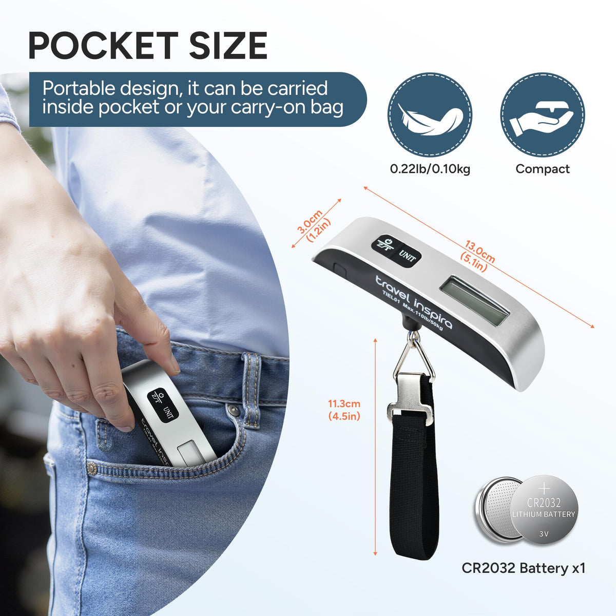 travel inspira Digital Luggage Scale – Portable Hanging Suitcase Weight Scale for Travel, 110 lb Capacity, Backlit LCD Display, Prevents Airport Overweight Fees, Battery Included Jansha Store