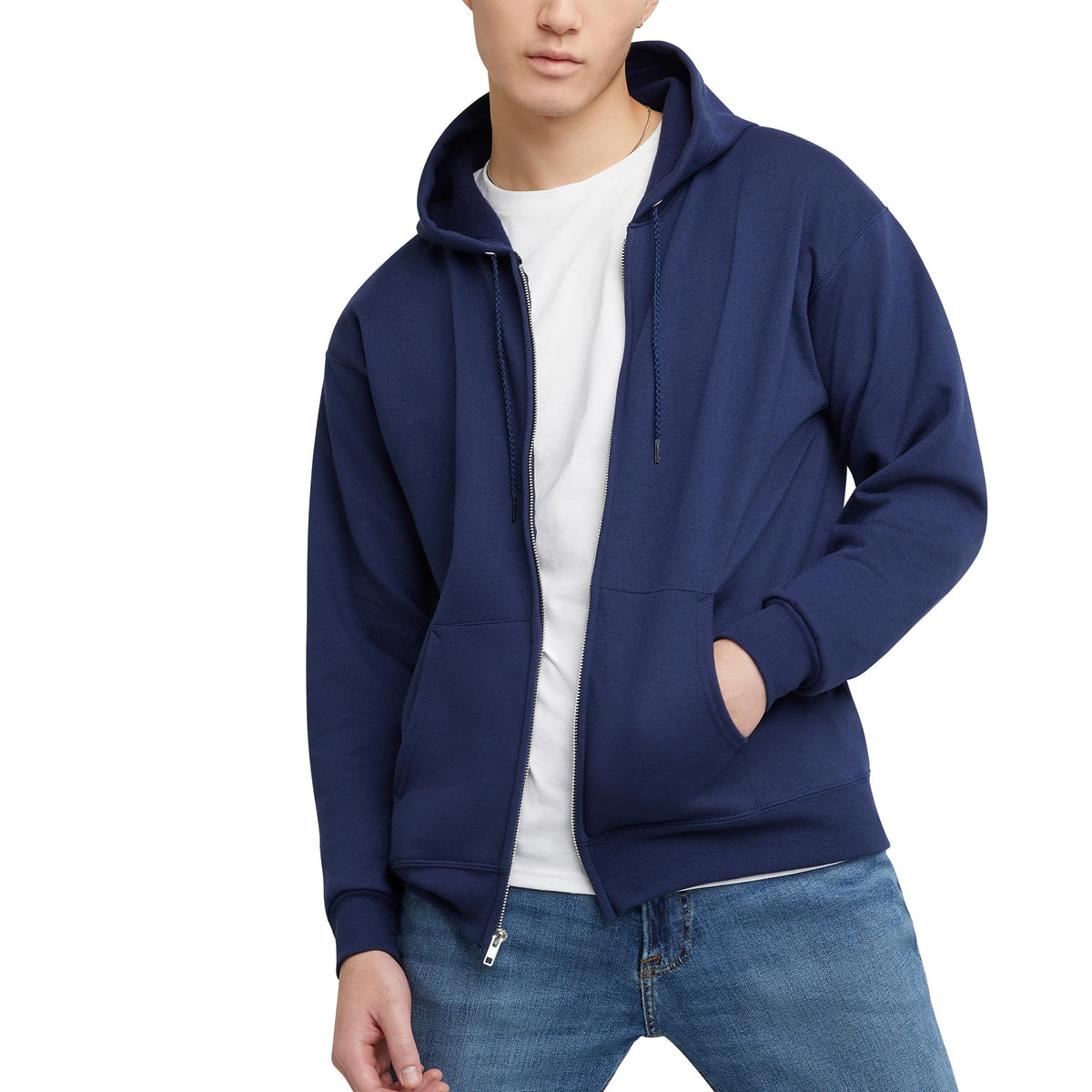 Men's zip-up hoodie shown at an angle highlighting the front pocket area