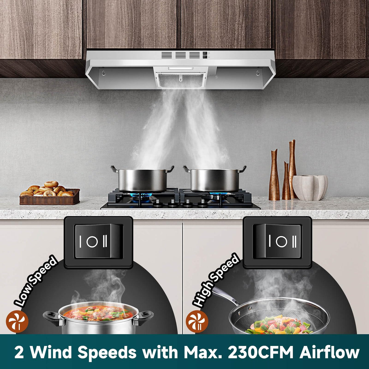 SNDOAS Range Hood 30 inch Under Cabinet, Ducted/Ductless Convertible Kitchen Hood, Stainless Steel Vent Hood with LED Light,Under Cabinet Hood with 2 Speed Exhaust Fan,Black Jansha Store