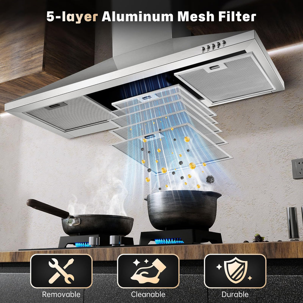 SNDOAS Black Range Hood,Wall Mount Range Hood 30 inch,Stainless Steel Kitchen Hood with Ducted/Ductless Convertible,Stove Vent Hood,Aluminum Filters,3 Speed Exhaust Fan,LED Light,Button Control Jansha Store