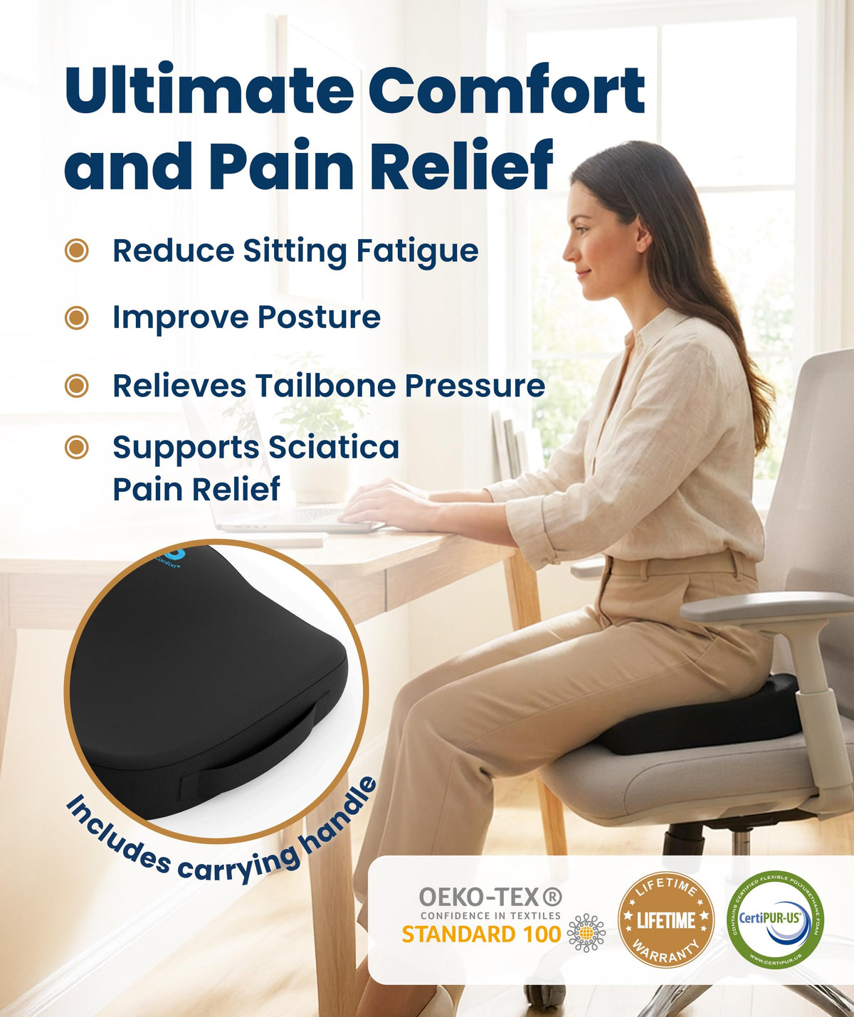 Everlasting Comfort Doctor Recommended Memory Foam Seat Cushion for Office Chairs & Car - Ergonomic Office Desk Accessories - Cushions for Tailbone Pain Relief, Sciatica (Black, Large) Jansha Store