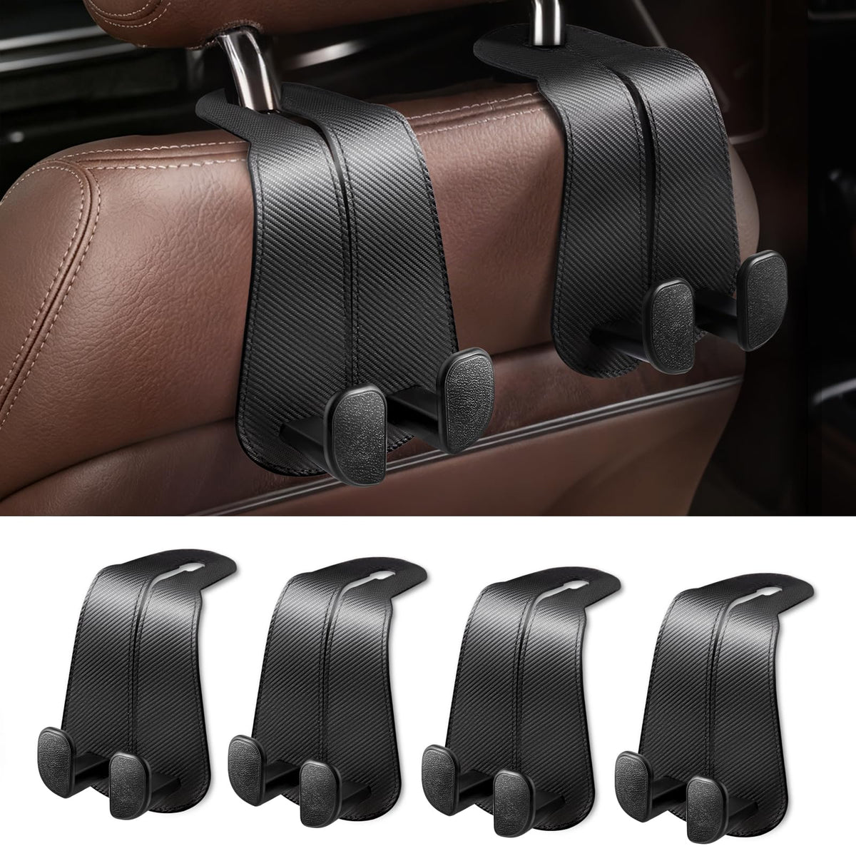 CoBak Purse Hook for Car - Universal Premium Stitched Leather and Aluminum-Magnesium Alloy Double Car Seat Back Storage Hook for Purses, Handbags, Bags (2 Pack),Black Jansha Store