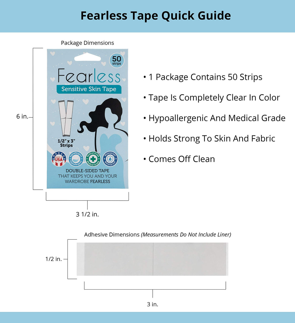 Fearless Tape fashion tape strips beside the product packaging on a plain background