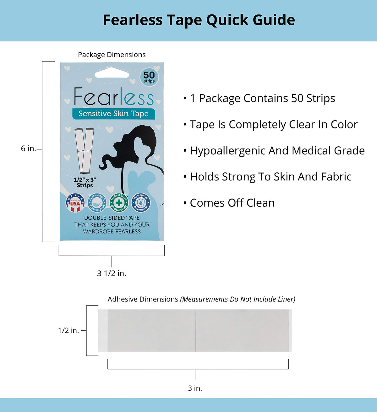 Fearless Tape fashion tape strips beside the product packaging on a plain background