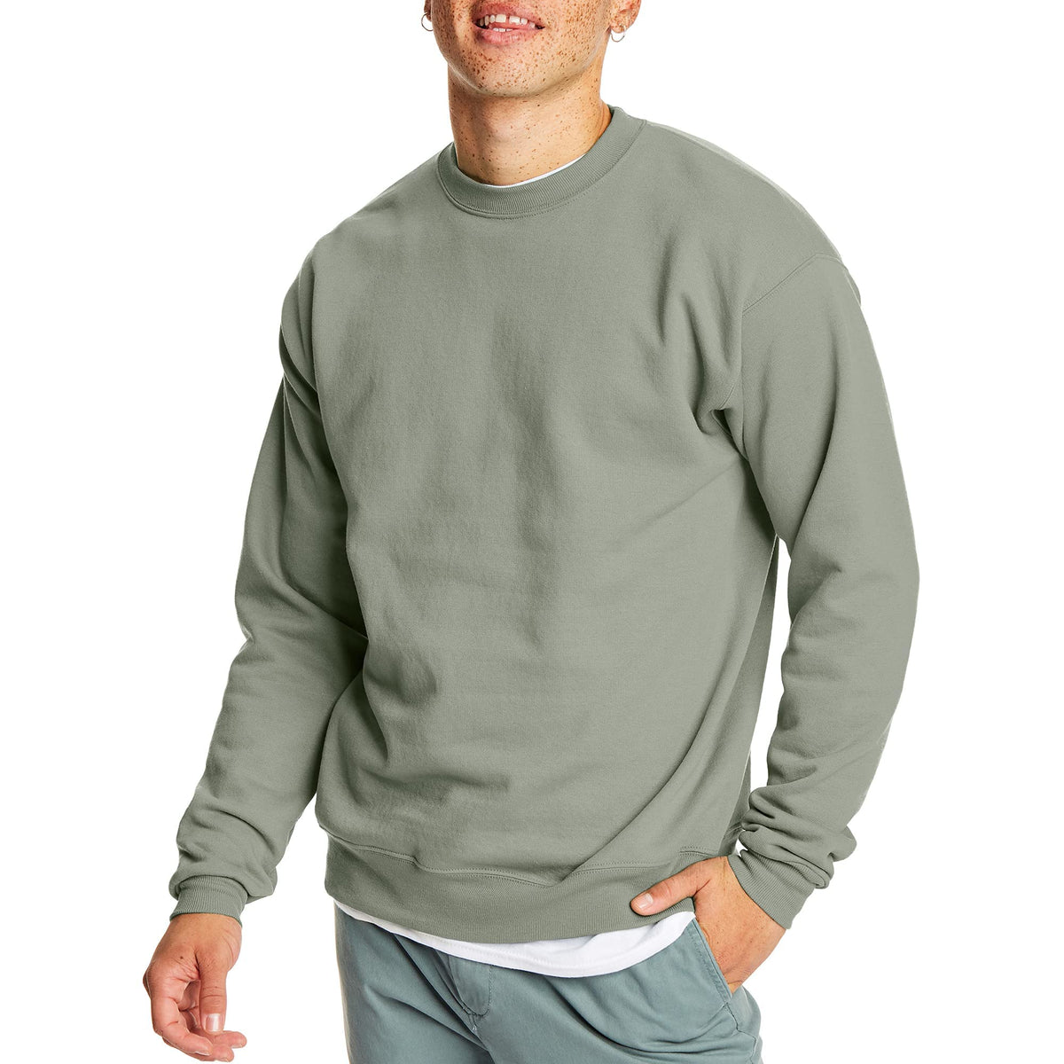 Ribbed hem and soft fleece texture detail on the men's sweatshirt