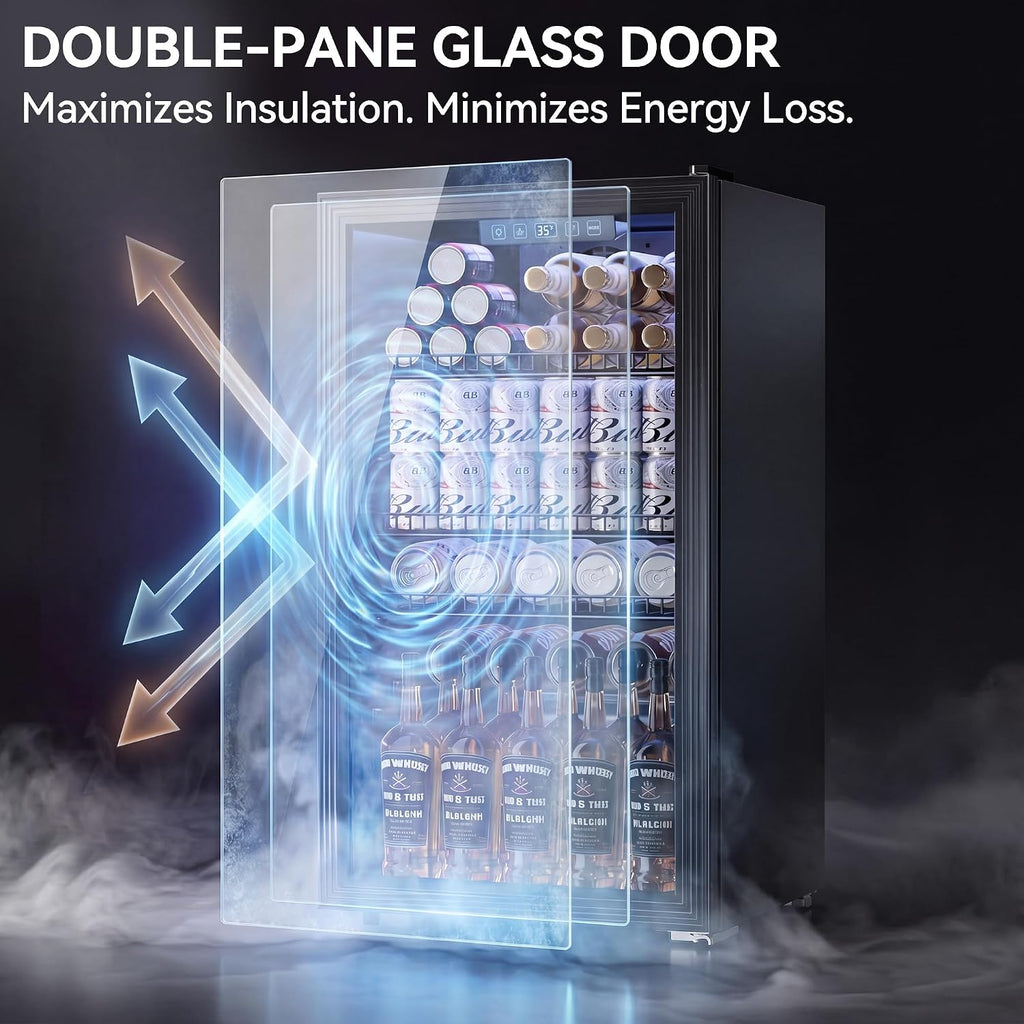 3.2 Cuft Beverage Fridge, 128 Can Mini Fridge, Glass Door, 35–65°F, Black Jansha Store