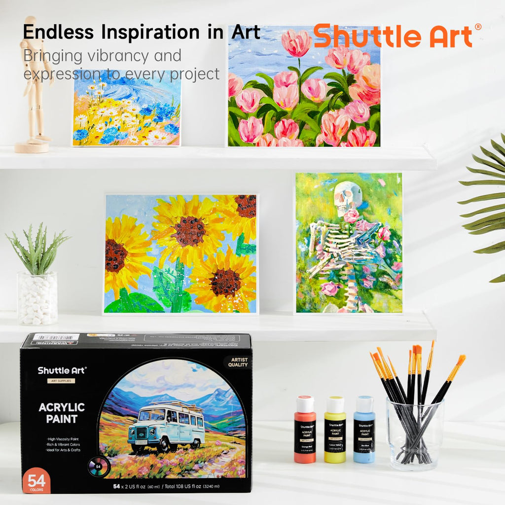 Shuttle Art Acrylic Paint, 36 Colors Acrylic Paint Set with Brushes & Palette, 2oz/60ml Bottles, Rich Pigments Non-toxic for Artists Kids & Adults, Painting on Canvas Rocks Ceramic Wood Jansha Store