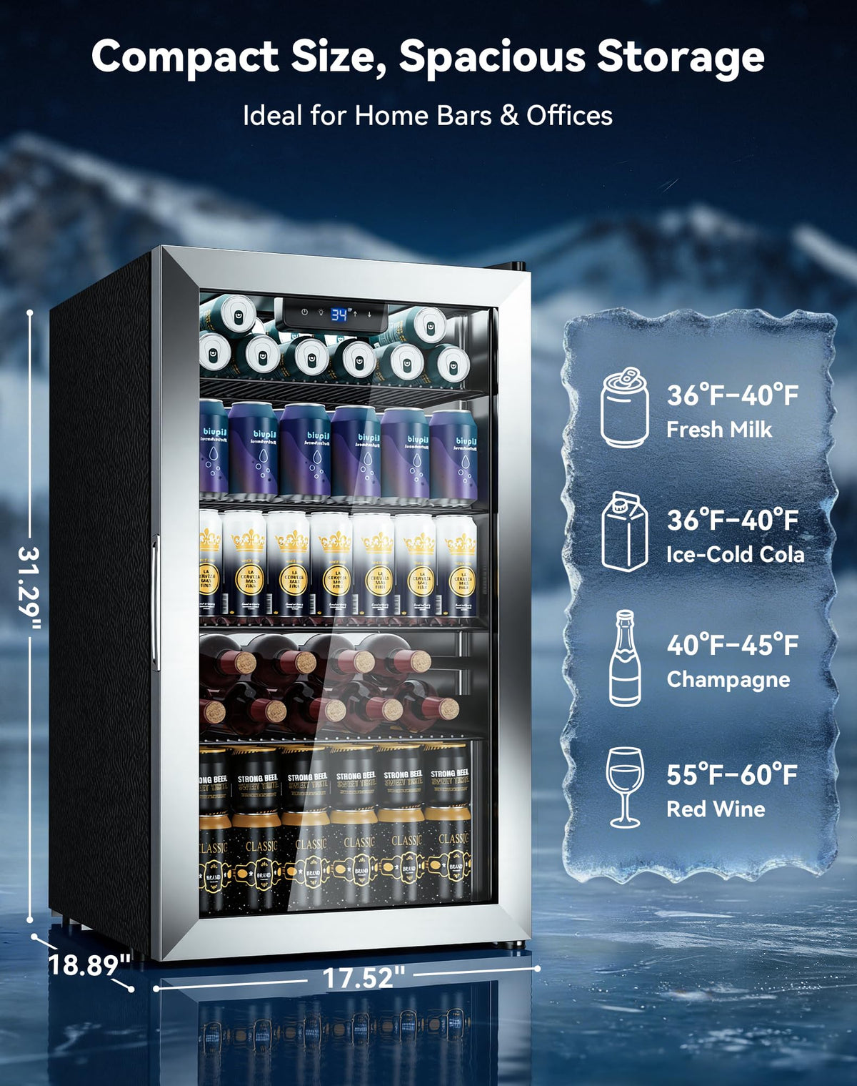 3.2 Cuft Beverage Fridge, 128 Can Mini Fridge, Glass Door, 35–65°F, Black Jansha Store