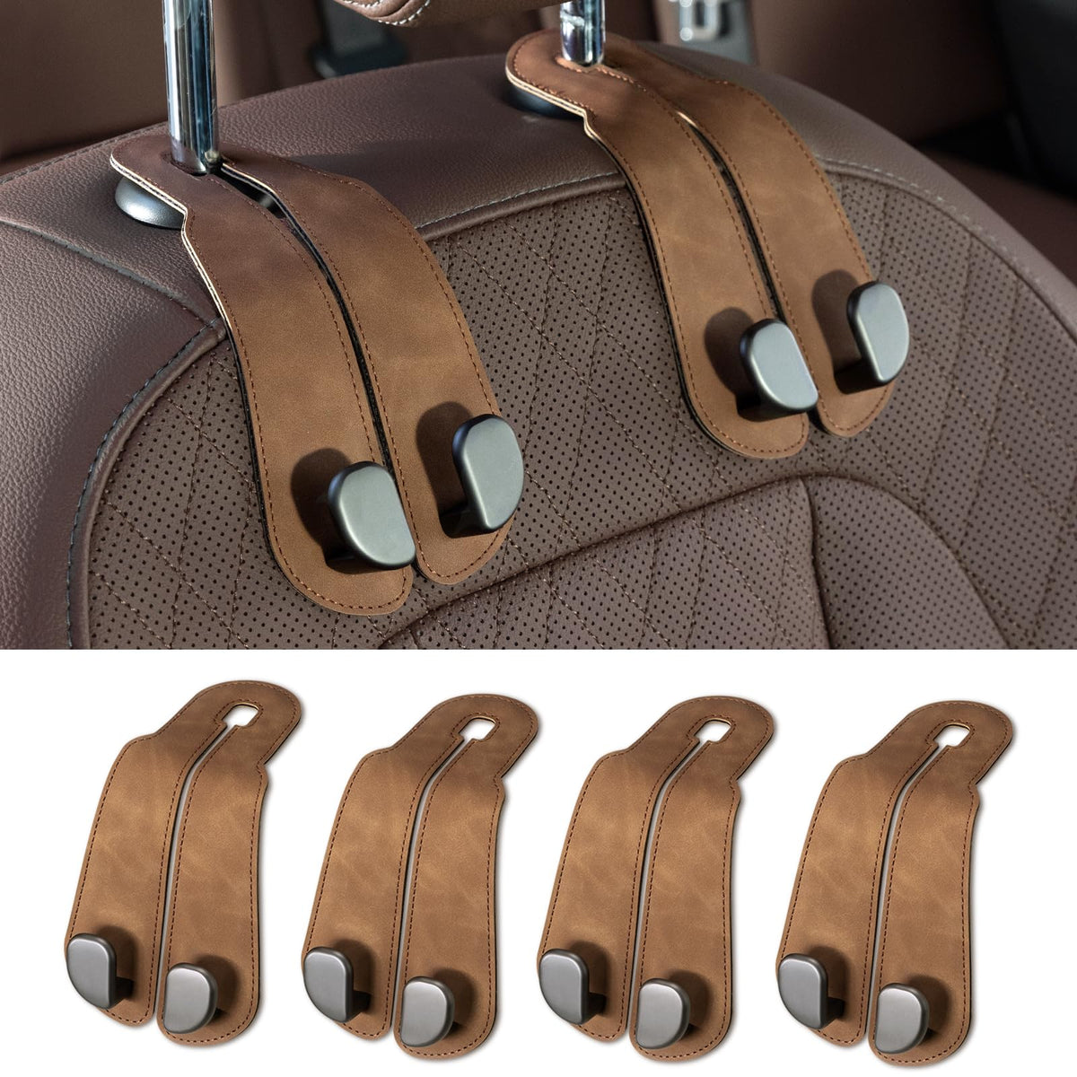 CoBak Purse Hook for Car - Universal Premium Stitched Leather and Aluminum-Magnesium Alloy Double Car Seat Back Storage Hook for Purses, Handbags, Bags (2 Pack),Black Jansha Store