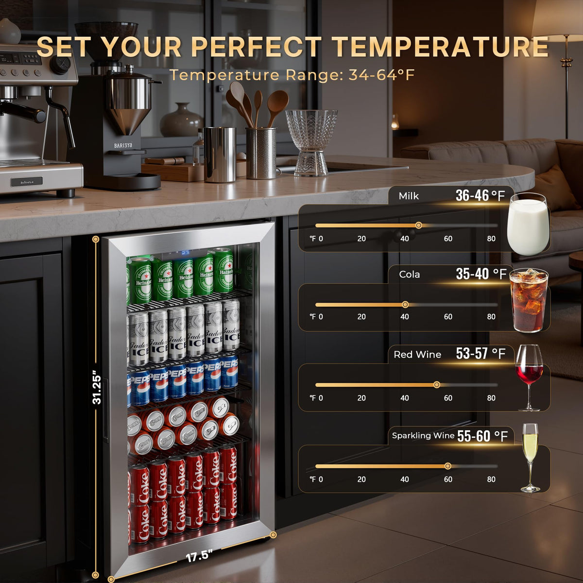 18L Beverage Refrigerator Cooler, 24-Can Mini Fridge with Glass Door Jansha Store