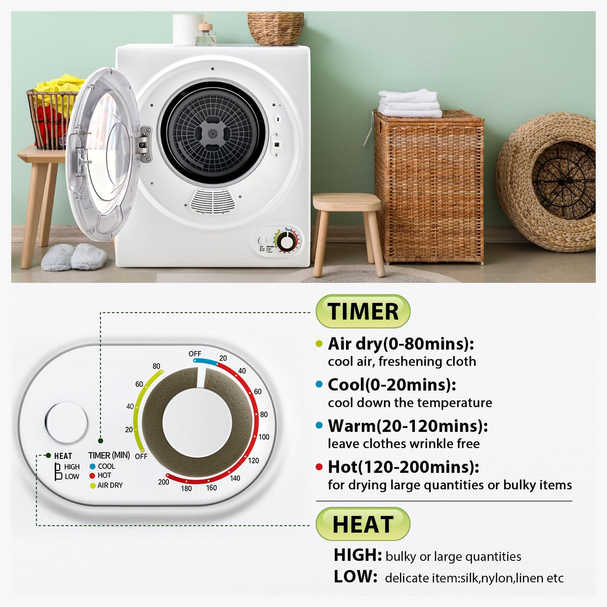 Euhomy Compact Laundry Dryer, 3.5 cu ft Front Load Stainless Steel Clothes Dryers With Exhaust Pipe, 1500W, LCD Control Panel Four-Function Portable Dryer For Apartments, Home, Dorm, White Jansha Store