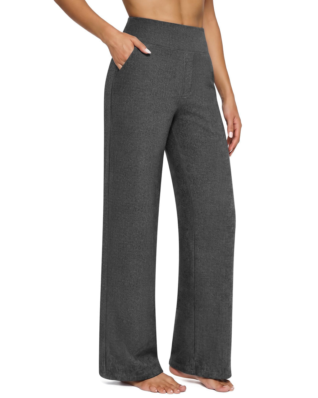 Pair of wide leg yoga pants folded, showing the high waist and soft fabric