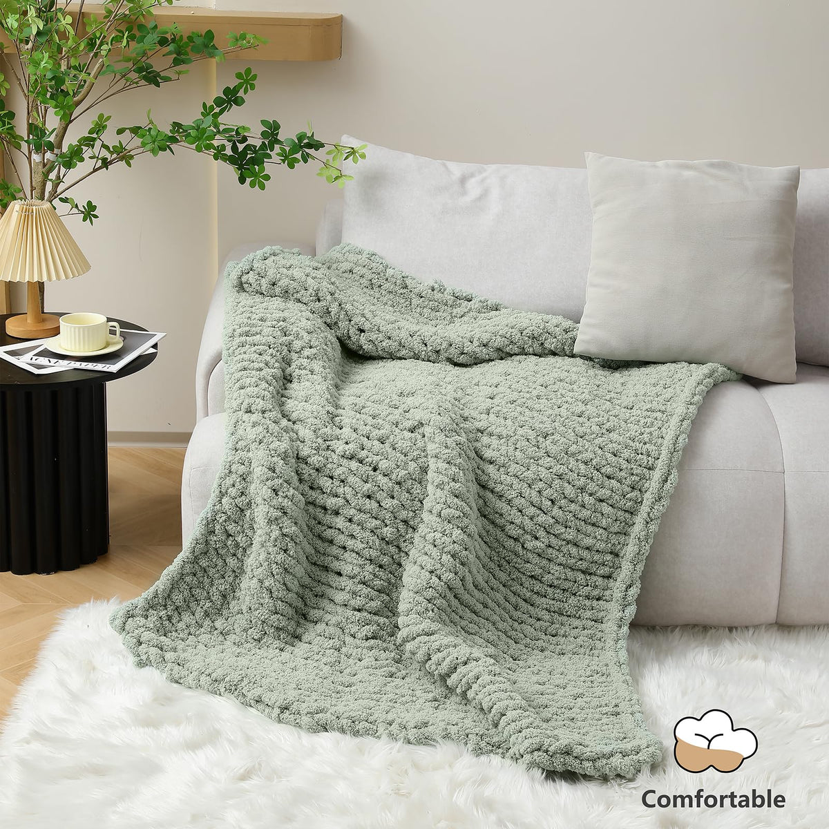 Cozyful Chunky Yarn for Hand Knitting - #10 Chunky Chenille Yarn, Jumbo Big Thick Chunky Yarns for Crocheting, Super Bulky Chunky Knit Blanket Yarns, 8 Skein (22 yds 8 oz Each Skein), Soft Sage Green Jansha Store