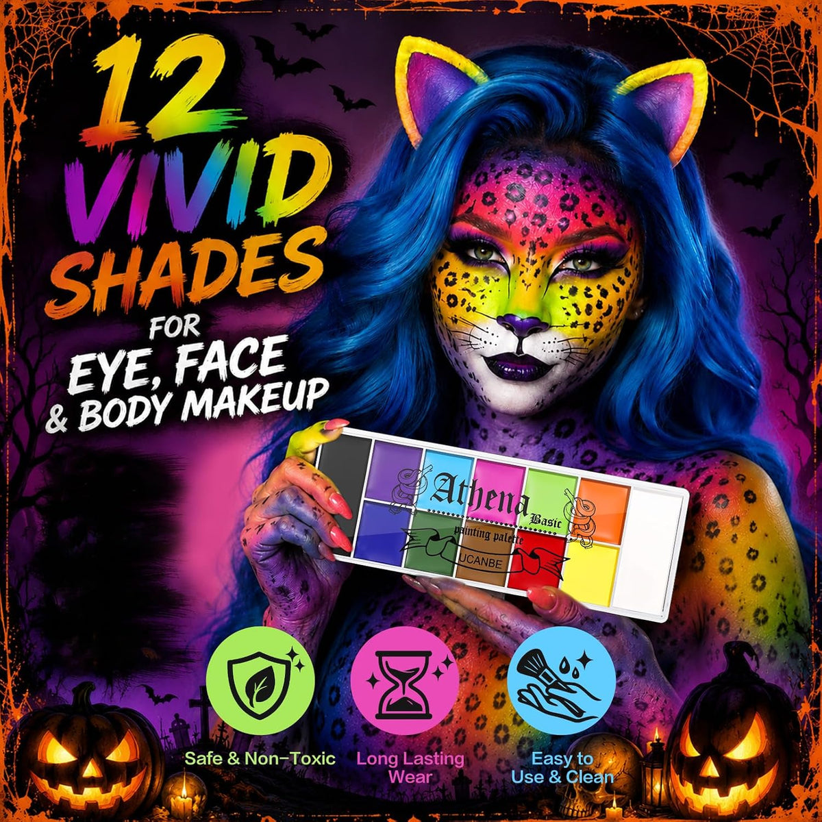 UCANBE Athena Basic Face Body Paint Oil Palette, 12 Color Large Black White Professional Face Painting Makeup Kit, Facepaint Pallet for Halloween SFX Party Art Stage Costume Cosplay Clown Goth Make Up Jansha Store
