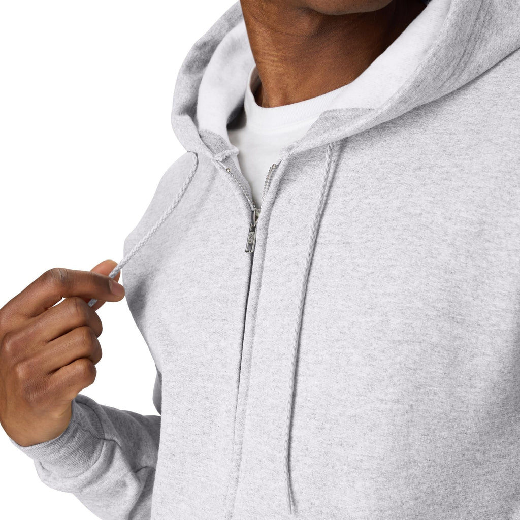 Back and shoulder view of the full-zip hooded sweatshirt for men