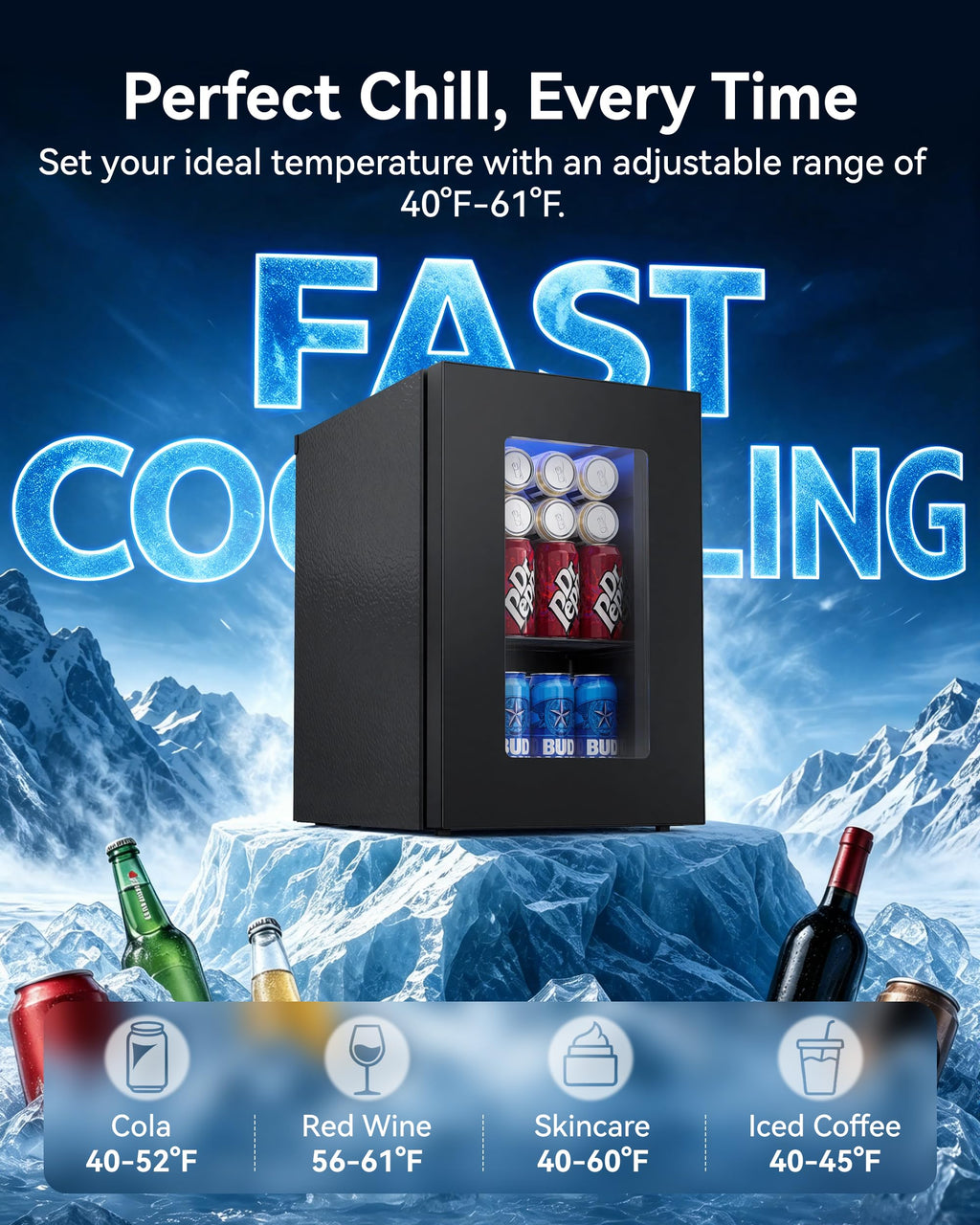 3.2 Cuft Beverage Fridge, 128 Can Mini Fridge, Glass Door, 35–65°F, Black Jansha Store
