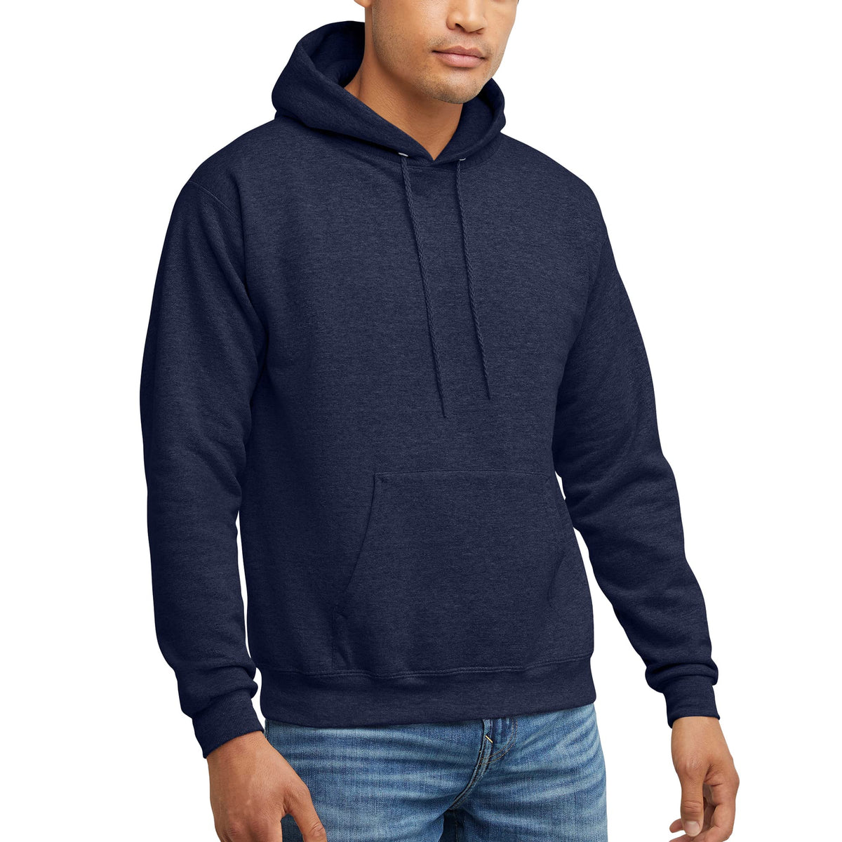Front kangaroo pocket detail on the midweight fleece hoodie