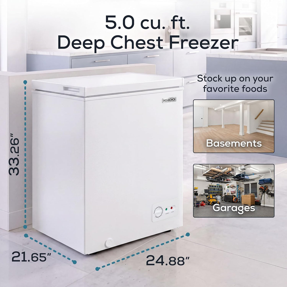 Igloo 5.0 Cu Ft Upright Deep Freezer Chest- Deep Freezer with Quick Freezing System & Adjustable Thermostat - Low Noise Freezer with Removable Basket & LED Lights for Homes, Garages & Basements- White Jansha Store