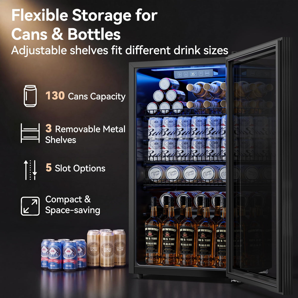 3.2 Cuft Beverage Fridge, 128 Can Mini Fridge, Glass Door, 35–65°F, Black Jansha Store