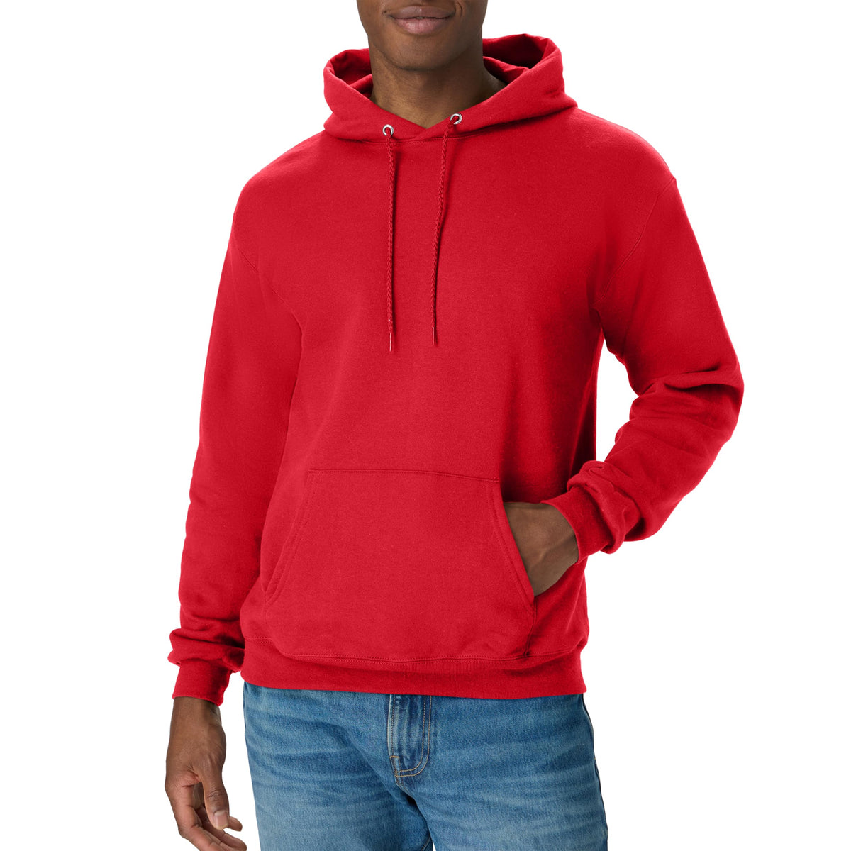 Hanes EcoSmart midweight fleece hoodie shown from the front with adjustable drawstring hood