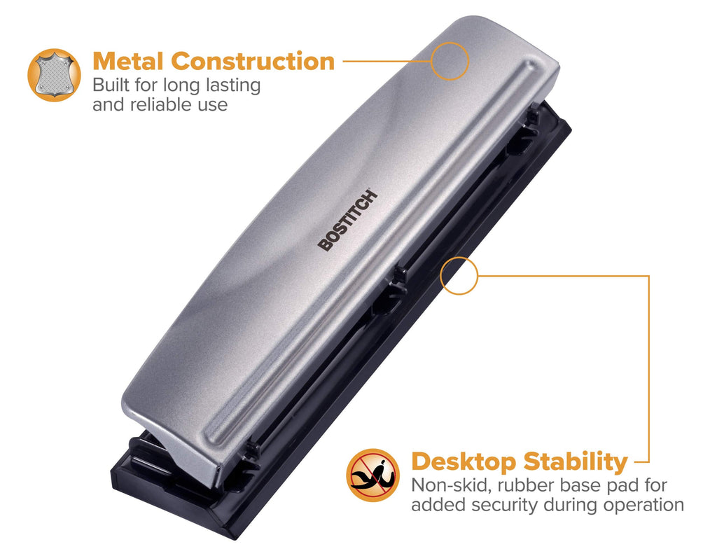 Bostitch Office 3 Hole Punch, Metal, 12 Sheet Capacity, Rubber Base, Silver Jansha Store