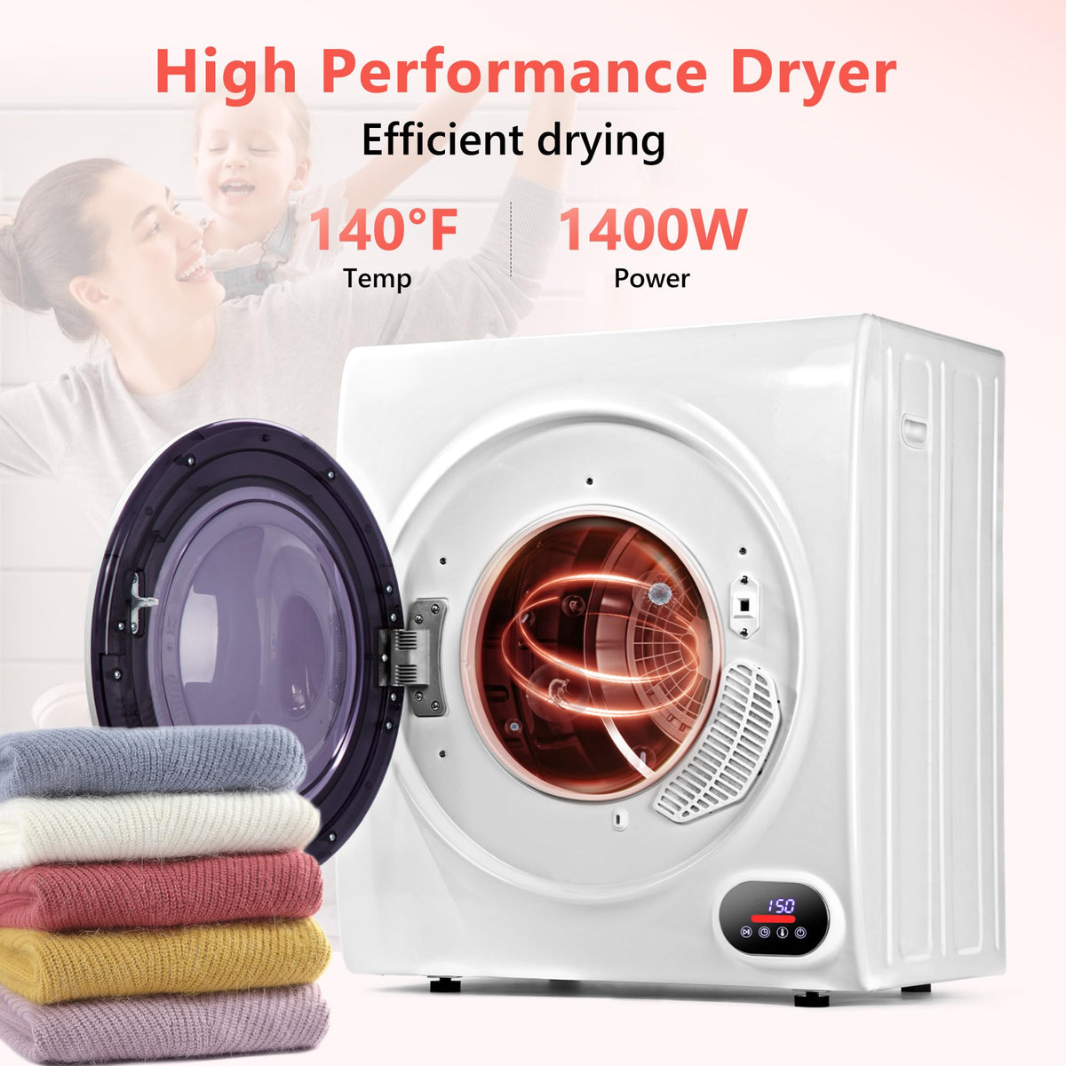 Euhomy Compact Laundry Dryer, 3.5 cu ft Front Load Stainless Steel Clothes Dryers With Exhaust Pipe, 1500W, LCD Control Panel Four-Function Portable Dryer For Apartments, Home, Dorm, White Jansha Store