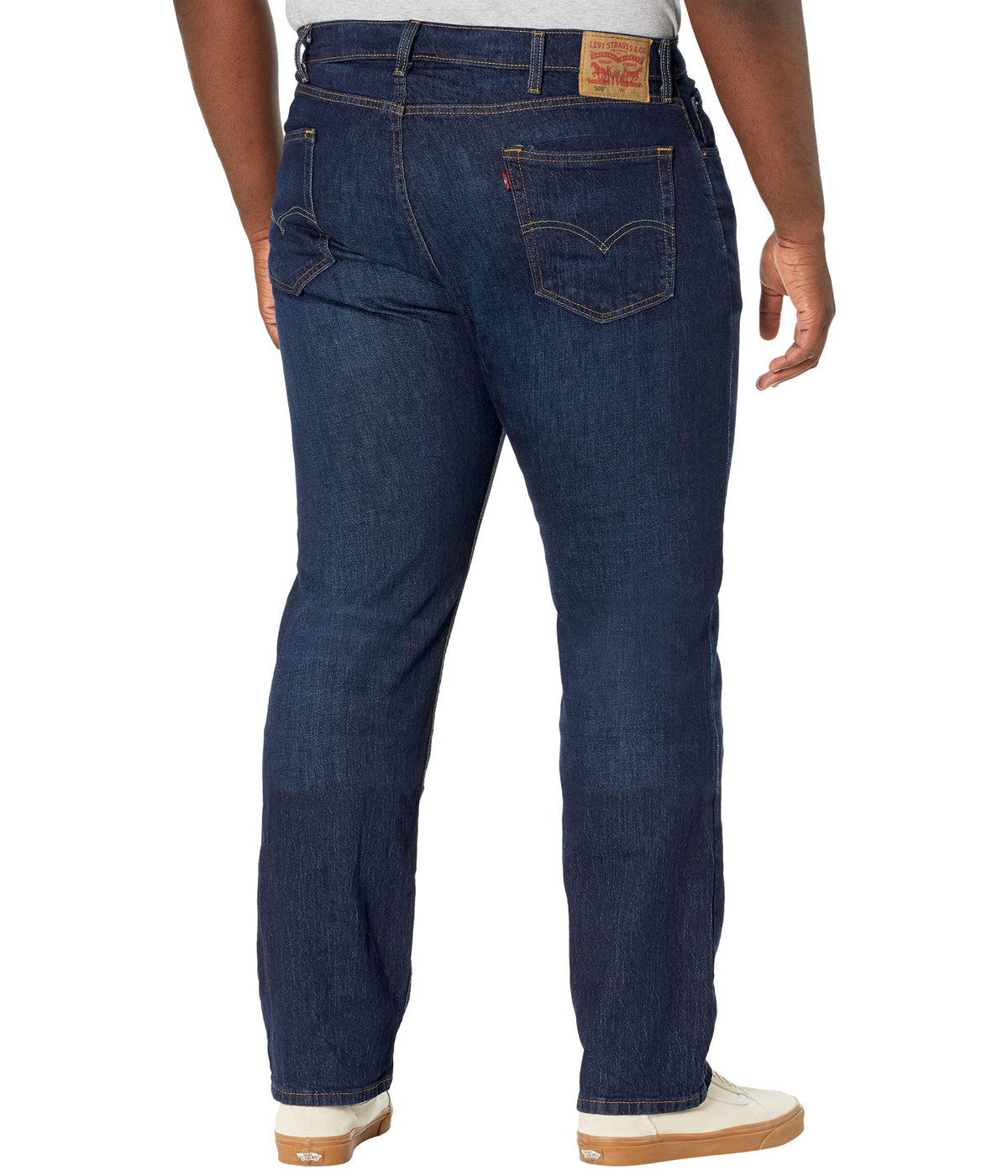 Men's 505 regular fit jeans in dark stonewash, detail of the back pocket and stitching