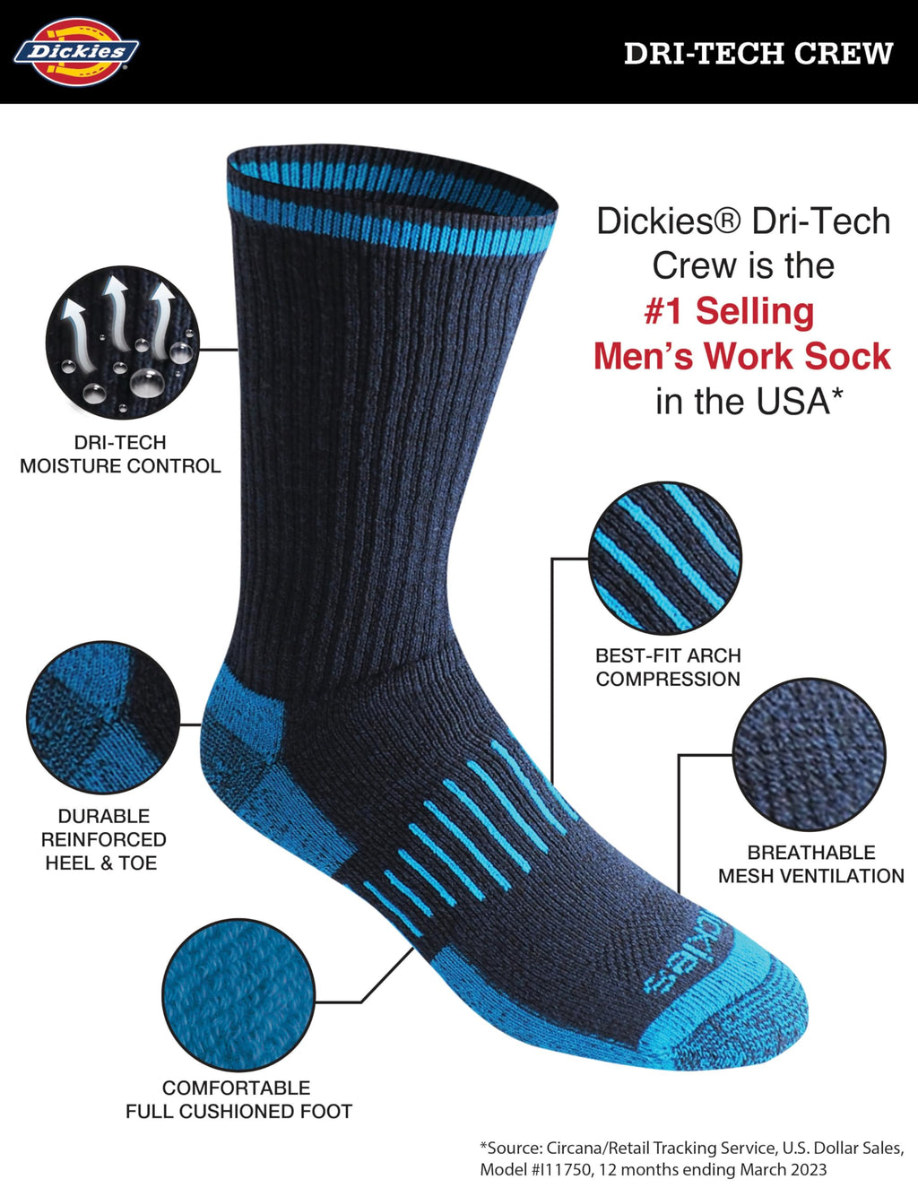 Dickies Dri-tech crew socks in white laid side by side, showing ribbed texture