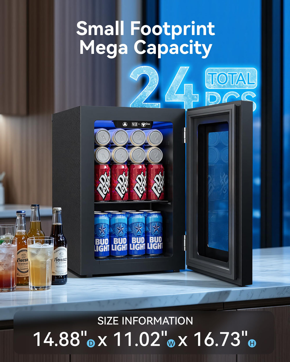 3.2 Cuft Beverage Fridge, 128 Can Mini Fridge, Glass Door, 35–65°F, Black Jansha Store
