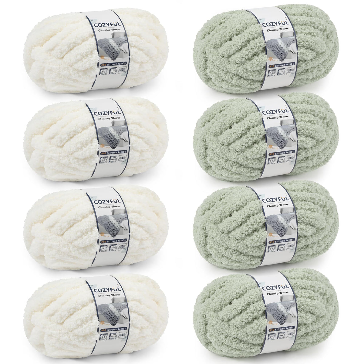 Cozyful Chunky Yarn for Hand Knitting - #10 Chunky Chenille Yarn, Jumbo Big Thick Chunky Yarns for Crocheting, Super Bulky Chunky Knit Blanket Yarns, 8 Skein (22 yds 8 oz Each Skein), Soft Sage Green Jansha Store