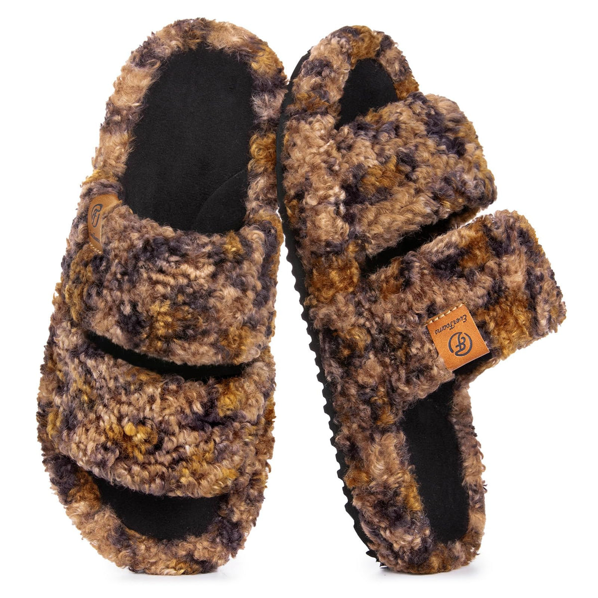 Women's memory foam open-toe house slippers, angled view of fuzzy upper and sole