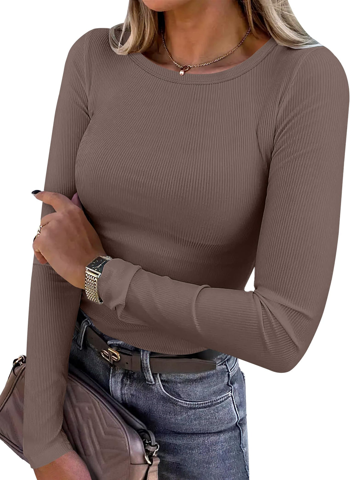 Ribbed fitted top layered under a cardigan for cooler weather