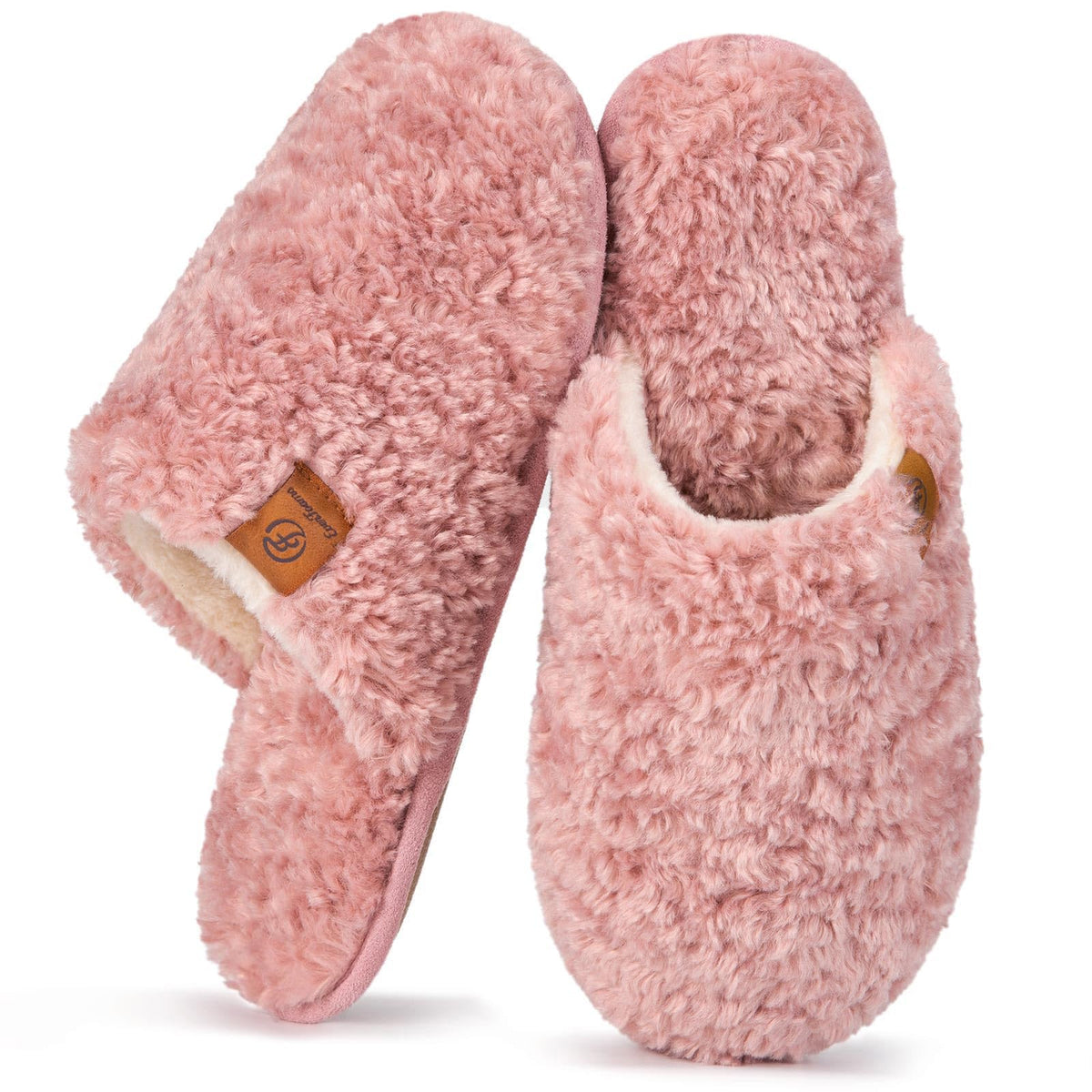Side profile of women's fuzzy house slippers showing sole thickness and shape