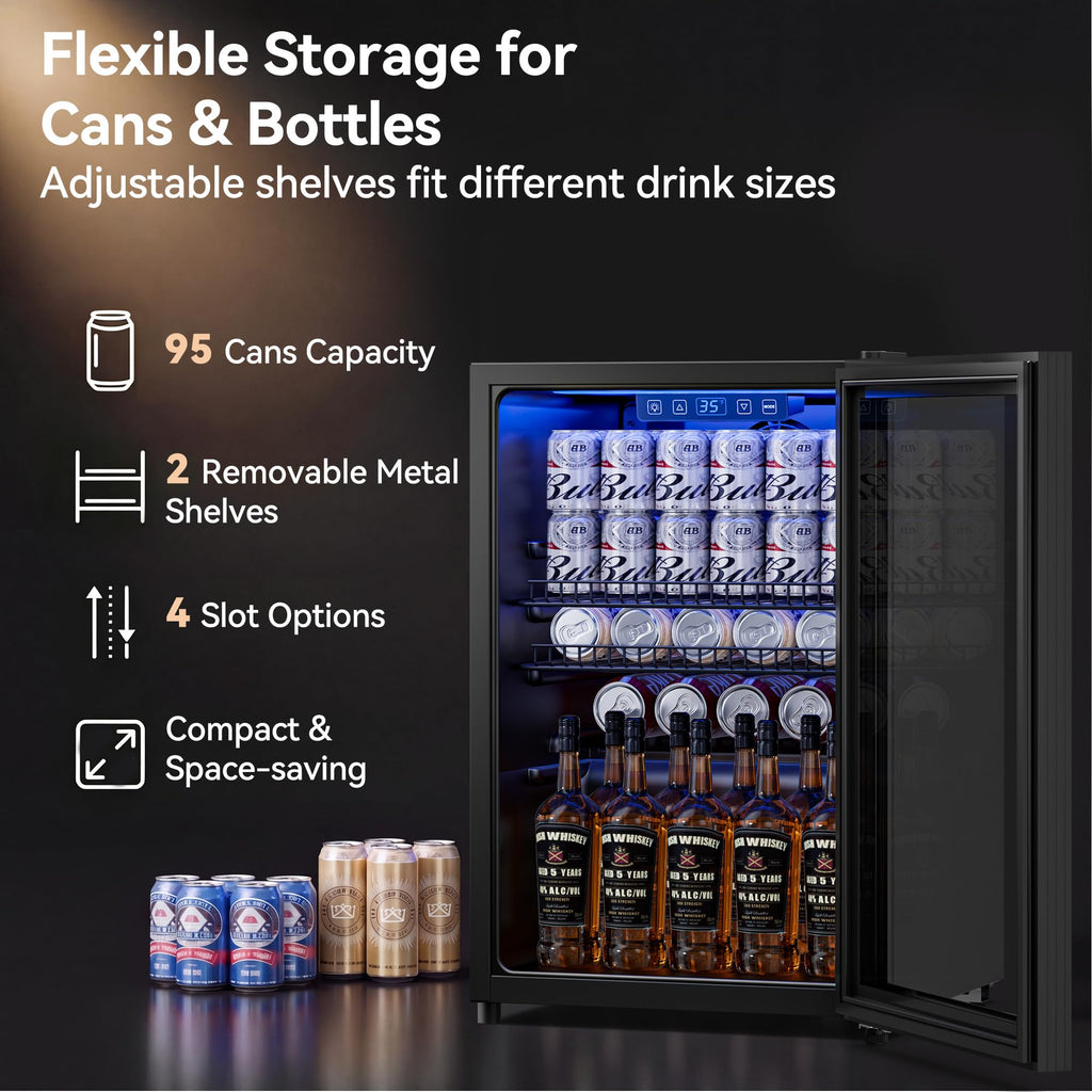 3.2 Cuft Beverage Fridge, 128 Can Mini Fridge, Glass Door, 35–65°F, Black Jansha Store