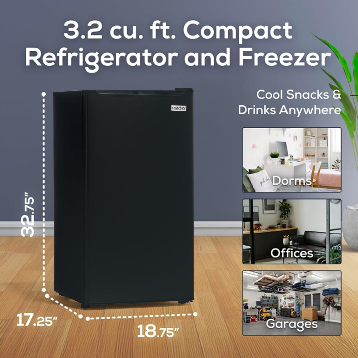 Igloo 3.2 Cu.Ft. Mini Fridge with Freezer - Single Door Compact Refrigerator with Glass Shelves for Homes, Dorms & Offices- Keep Snacks, Drinks & Frozen Foods Cool with Temperature Control Mini Fridge Jansha Store
