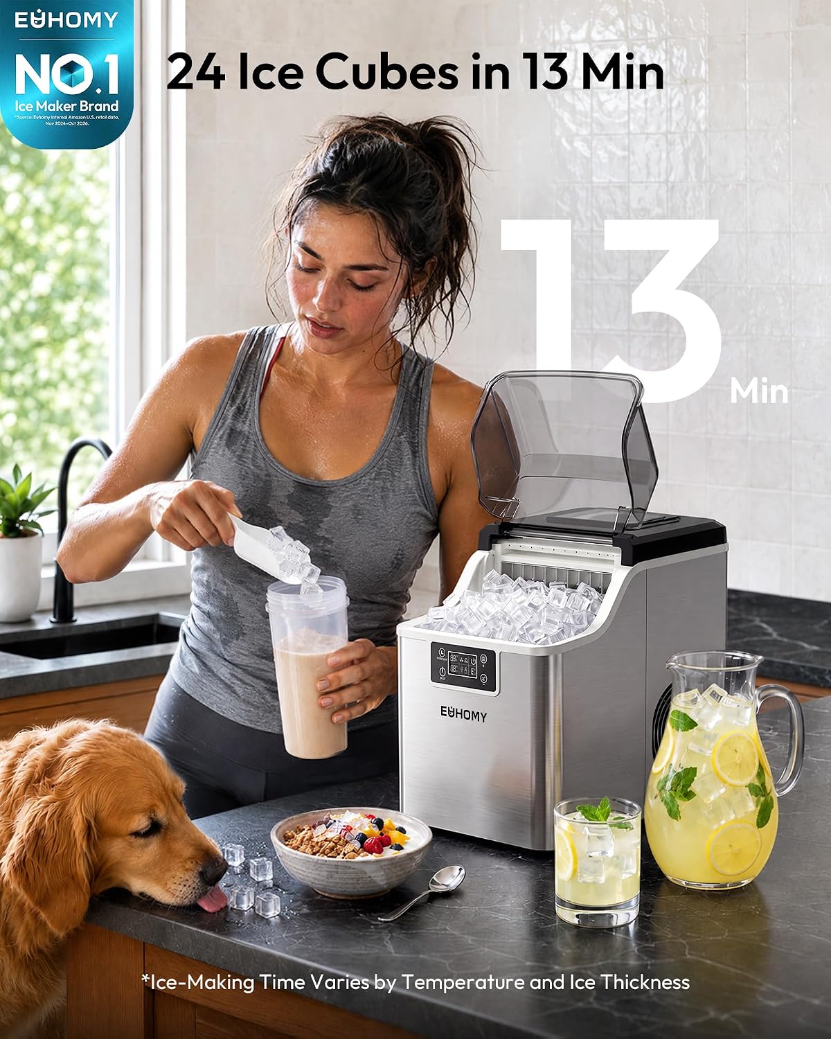 EUHOMY Ice Cube Maker Machine Countertop, 45Lbs/Day, 24Pcs in 13 Mins Jansha Store