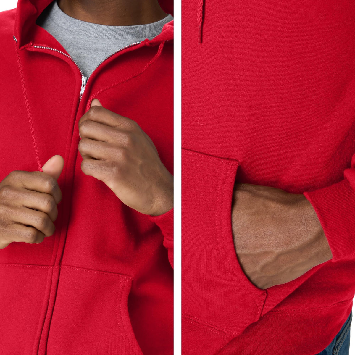 Side profile of the hooded fleece sweatshirt showing the sleeve and pocket