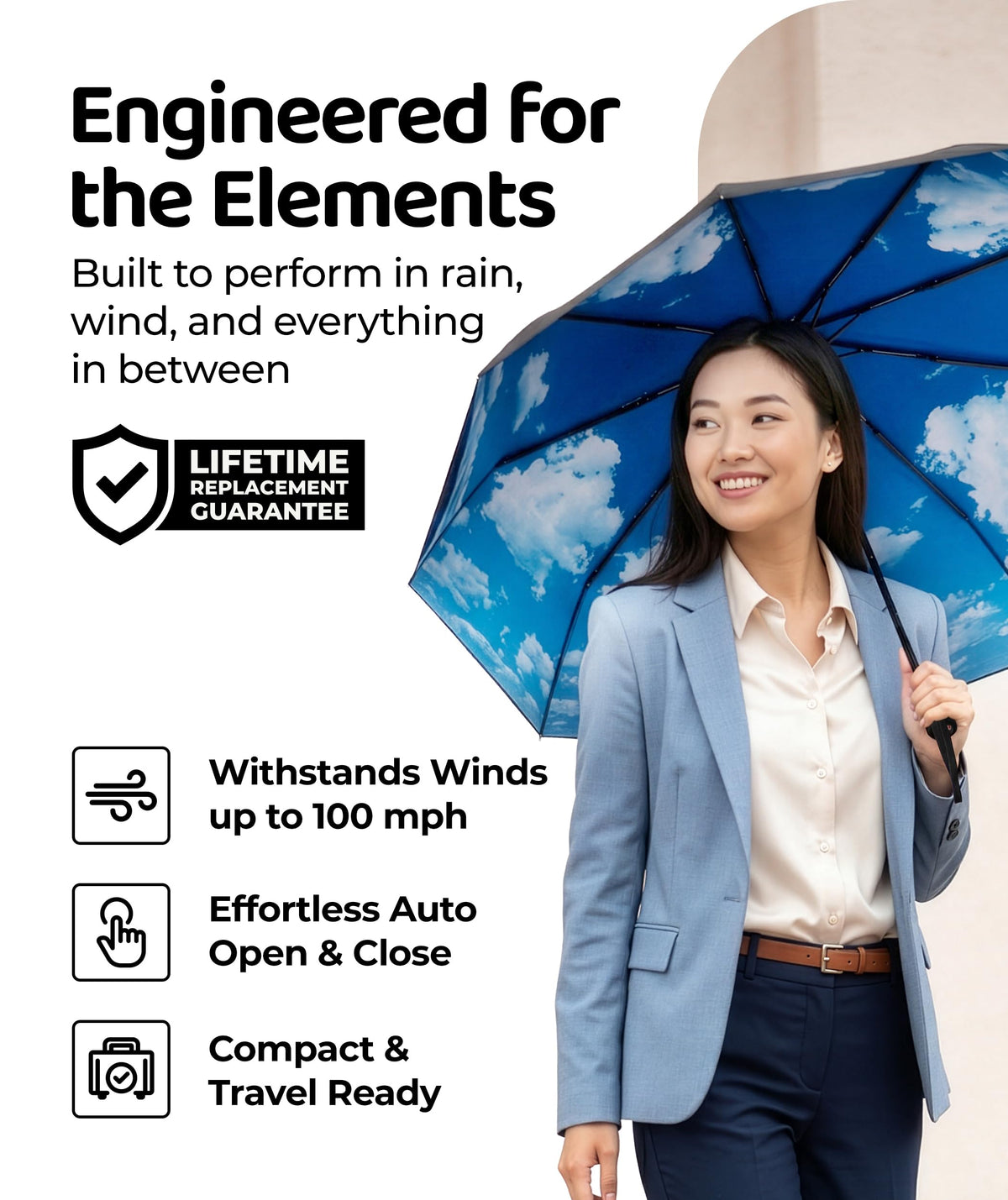 Windproof Travel Umbrella - Compact & Withstands Winds up to 100MPH, Strongest Premium Auto Folding Umbrella for Rain and Sun - Durable, Light & Portable for Women & Men, Fits Backpack & Cars Jansha Store