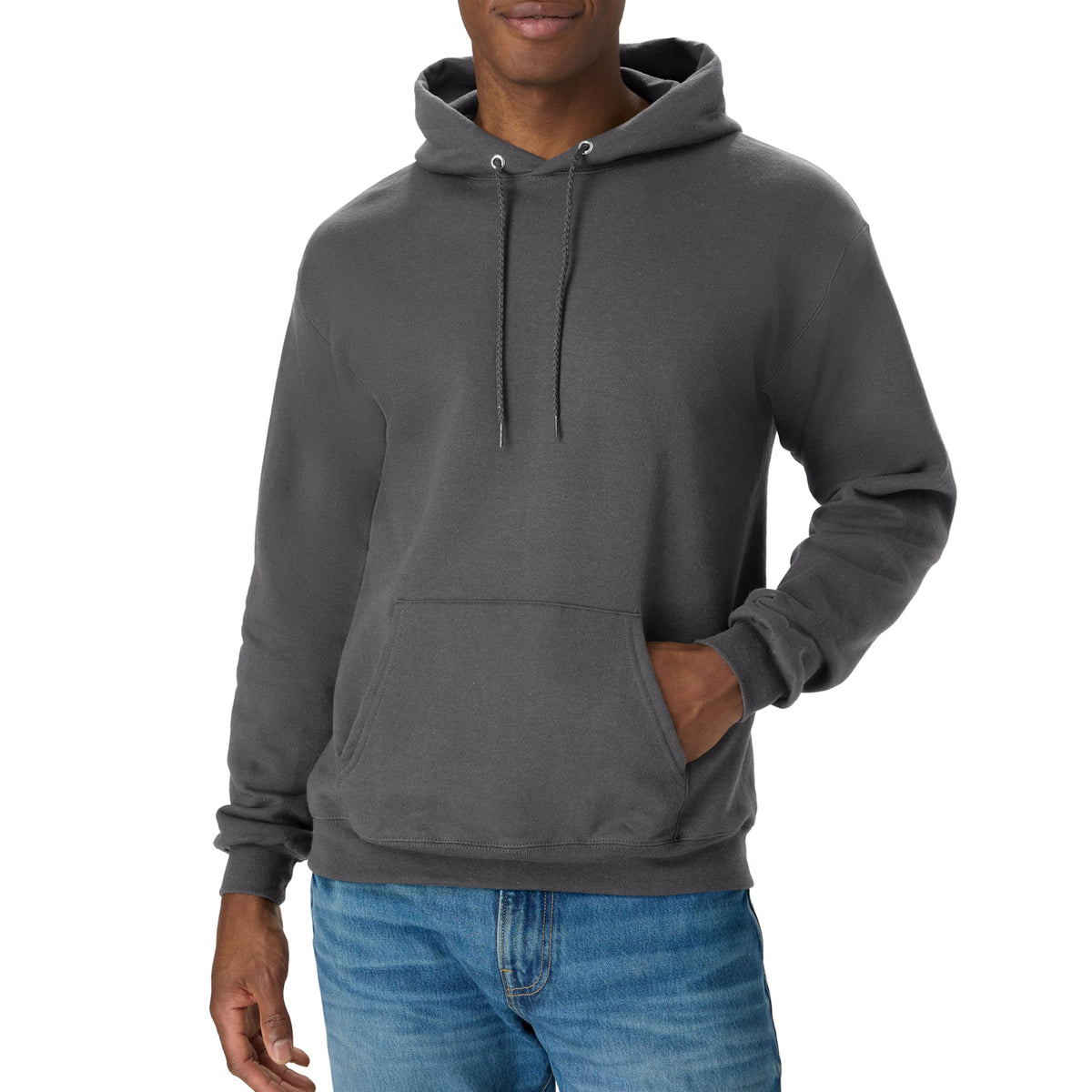 Shoulder and chest panel view of the plain fleece hooded sweatshirt