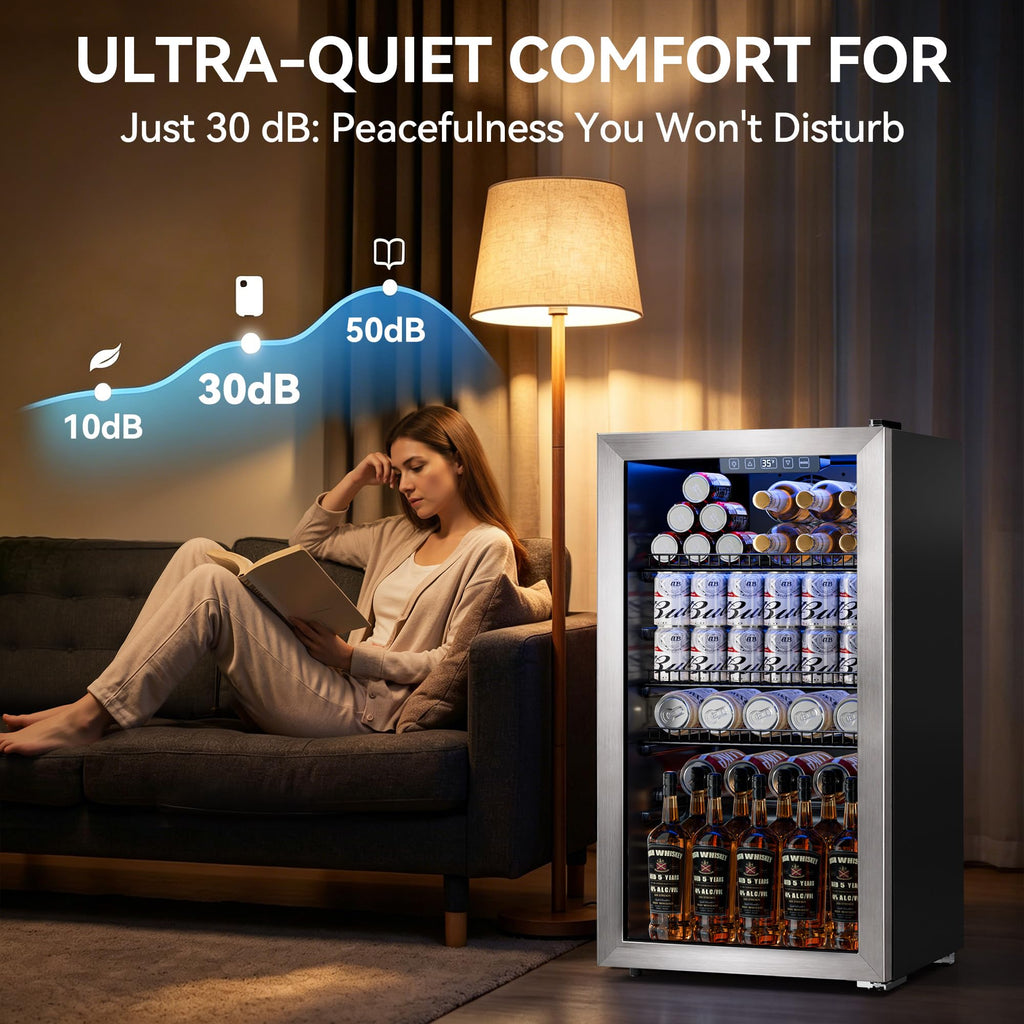 3.2 Cuft Beverage Fridge, 128 Can Mini Fridge, Glass Door, 35–65°F, Black Jansha Store