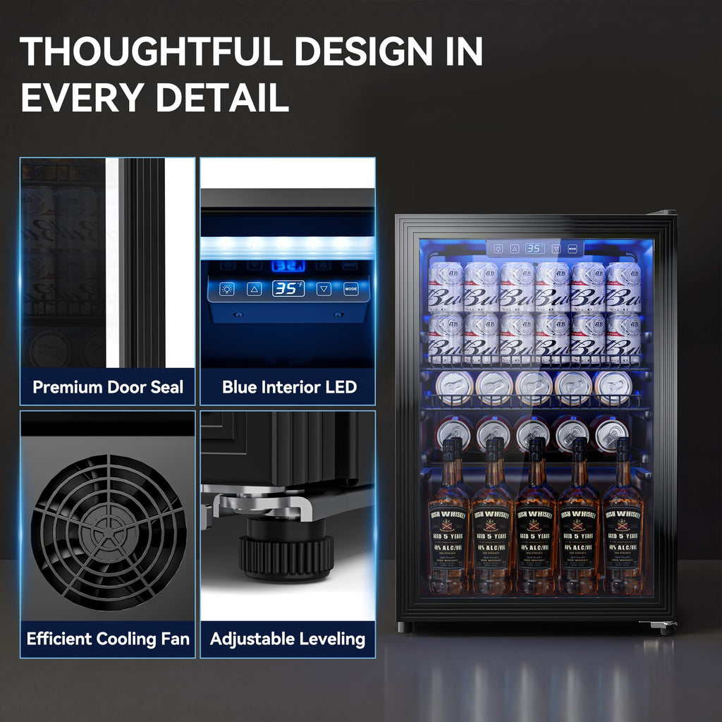 3.2 Cuft Beverage Fridge, 128 Can Mini Fridge, Glass Door, 35–65°F, Black Jansha Store