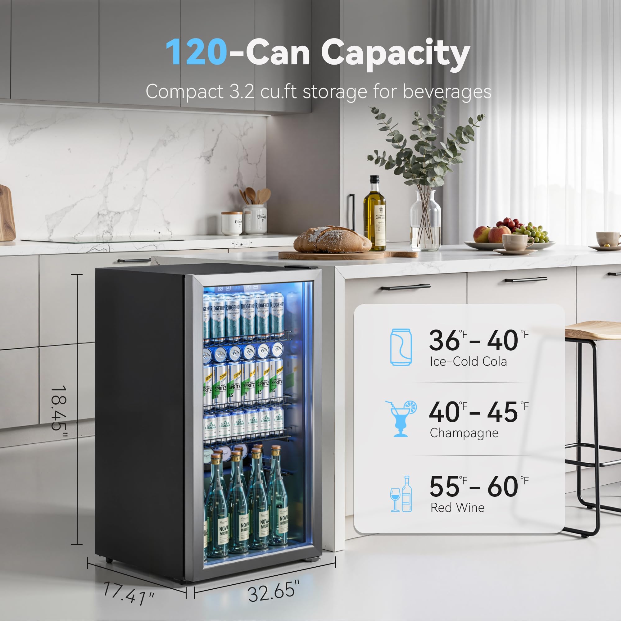 130 Can Beverage Refrigerator, 3.2 Cu.ft Fridge, Glass Door Jansha Store