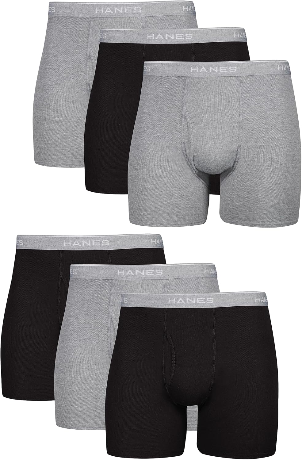 Men's boxer briefs pack in assorted colors, cotton knit fabric shown flat