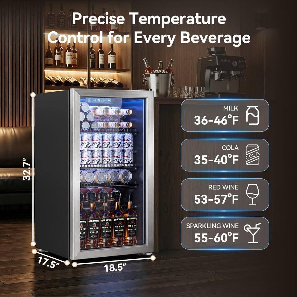 3.2 Cuft Beverage Fridge, 128 Can Mini Fridge, Glass Door, 35–65°F, Black Jansha Store