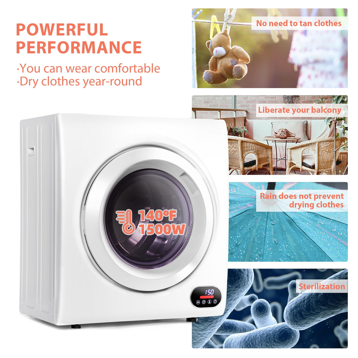 Euhomy Compact Laundry Dryer, 3.5 cu ft Front Load Stainless Steel Clothes Dryers With Exhaust Pipe, 1500W, LCD Control Panel Four-Function Portable Dryer For Apartments, Home, Dorm, White Jansha Store
