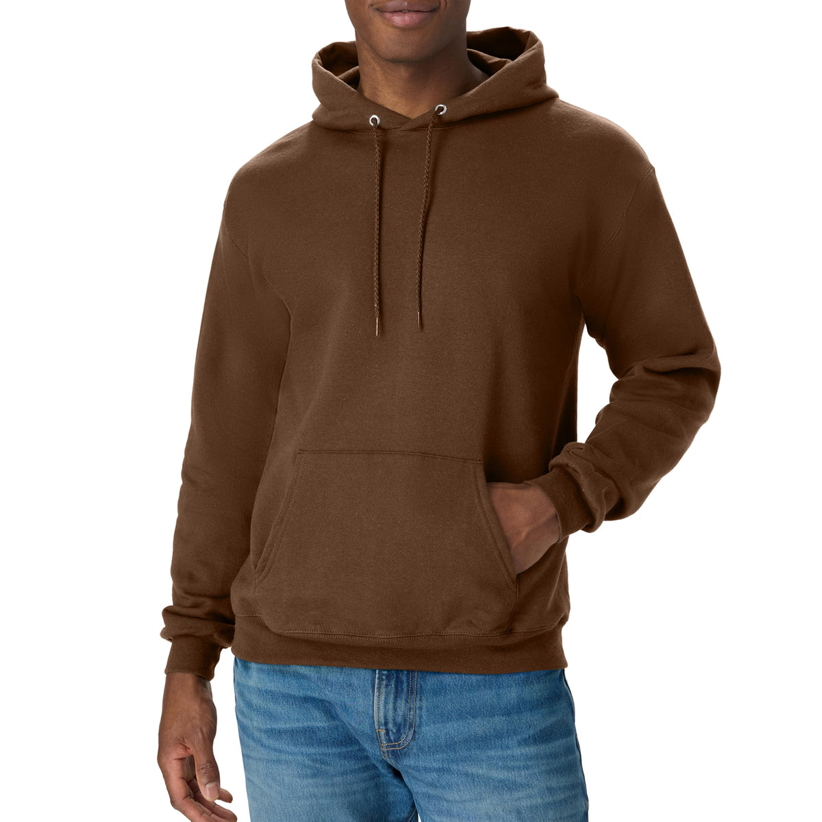 Midweight fleece hoodie shown from a three-quarter angle with pocket visible
