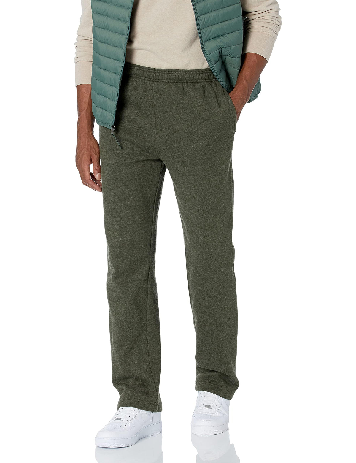 Men's fleece open bottom sweatpants in light grey, side profile view