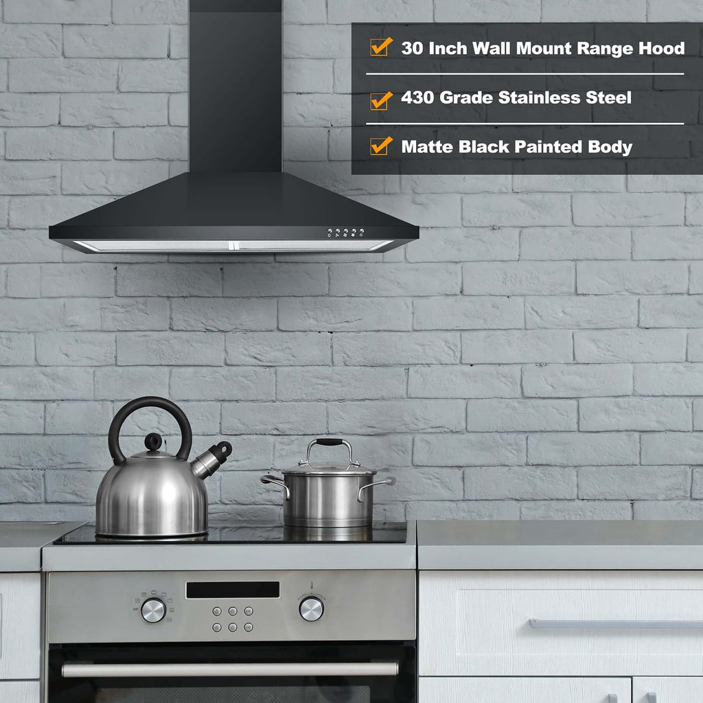 SNDOAS Black Range Hood,Wall Mount Range Hood 30 inch,Stainless Steel Kitchen Hood with Ducted/Ductless Convertible,Stove Vent Hood,Aluminum Filters,3 Speed Exhaust Fan,LED Light,Button Control Jansha Store