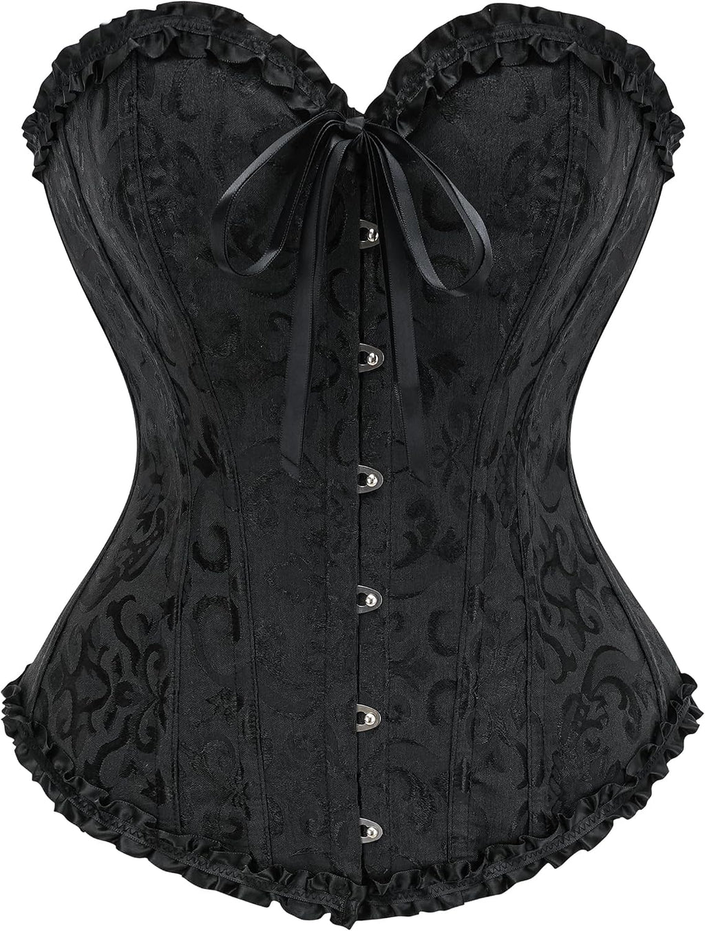 Black 14-bone overbust corset top shown from the front with lace-up back detail