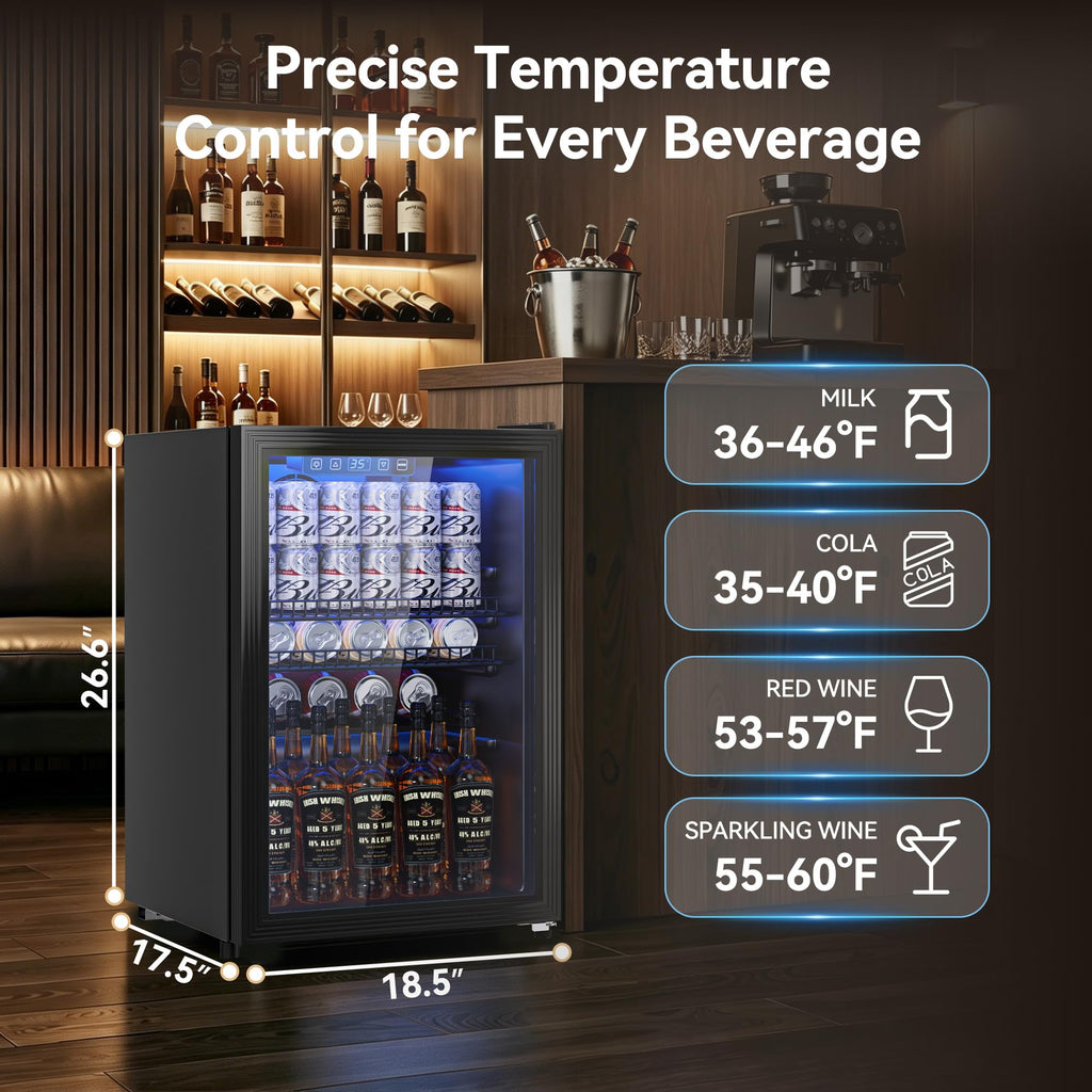 3.2 Cuft Beverage Fridge, 128 Can Mini Fridge, Glass Door, 35–65°F, Black Jansha Store